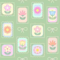 Vintage Pastel Flowers with Pearl Frames and Bows Seamless Pattern. Sweet Spring Blossoms in Decorative Pearl Frames. Shabby Chic Pastel Floral Background with Pearl Effect Borders.