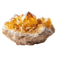 Ethereal blend of golden yellow and pastel orange concept. Stunning yellow quartz crystal cluster glistening on a rock.