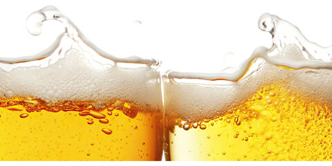 Golden beer wave crashing in fluid motion concept. Two glasses of beer with frothy bubbles and refreshing droplets.