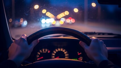Driving at night with hands on steering wheel, city lights blur ahead, capturing urban adventures, commuting challenges, and the allure of nighttime driving