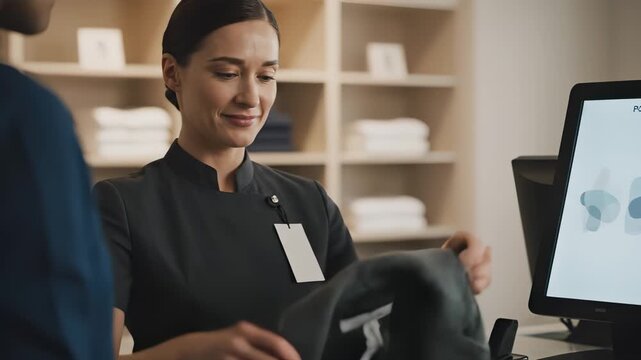 Retail employee assists customer with purchase process, showcasing interaction at point of sale with digital display and merchandise in a modern store environment