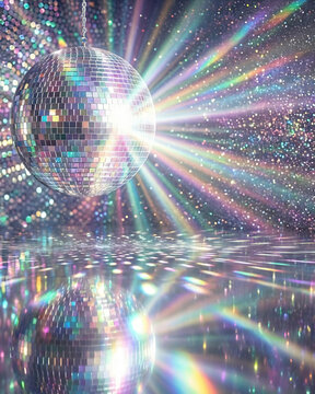 Party Invitation, poster background with colorful disco ball. The background is filled with scattered bokeh sparkles and glitter effects in various colors Space for text.