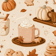 Autumn Cozy Pattern with Coffee and Pumpkins