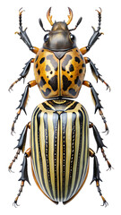 Detailed top view of a vividly patterned beetle with yellow, black, and orange markings, isolated on a plain background