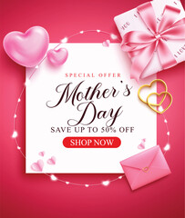 Mother's day sale clipart poster design. Mother's day special offer discount clip art with pink gift box, heart, envelope and lights elements for holiday promo advertisement pink background vector 