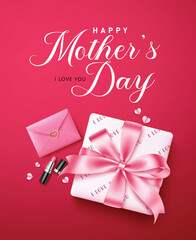 Mother's day red greeting card clipart poster design. Mother's day greeting card clip art with pink gift box, envelope and lipstick elements in red background for holiday celebration poster card 