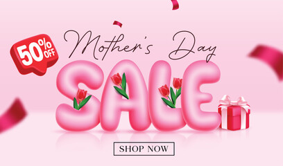 Mother's day sale clipart banner design. Mother's day inflatable balloon sale text for holiday special shopping discount clip art with rose flower promo advertisement banner card template vector 