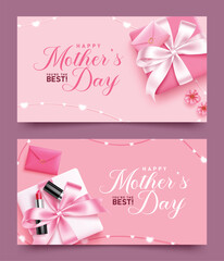 Mother's day pink greeting card clipart banner set. Mother's day banner card template clip art with gift box, lights, lipstick and envelope elements in pink background collection for happy holiday 
