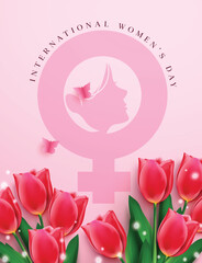 International Women's day clipart poster design. International Women's day pink girl symbol and logo clip art with red roses for March 8 greeting card template vector illustration.
