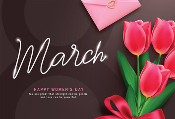 Happy Women's day greeting card clipart design. Women's day black greeting card clip art with red roses and message for March 8 woman celebration poster template vector illustration.
