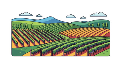 Obraz premium Charming vineyard illustration featuring rolling hills, lush grape vines, and sunny skies, perfect for wine tourism brochures and agricultural promotions
