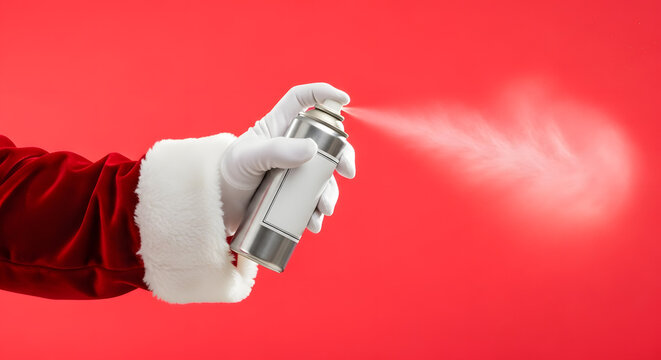 Santa Claus spraying aerosol can with white mist on red background