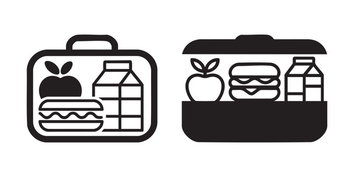 Black Vector Lunch Box Symbol with Snack and Drink Elements
