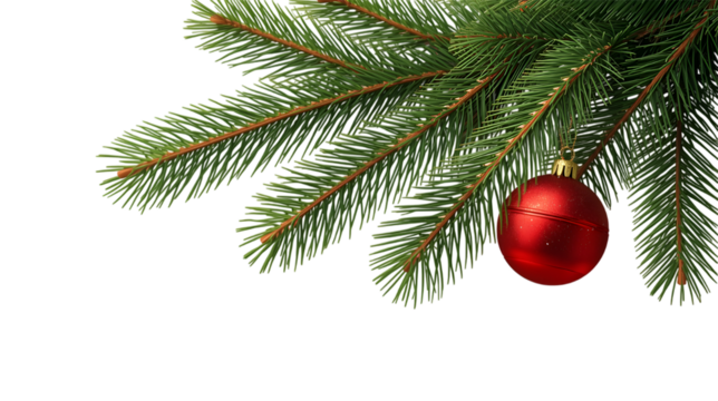 red christmas ball on a pine branch on transparent background