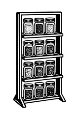 Monochrome line art depicting a multi-tiered spice rack with twelve organized jars of diverse granular spices and aromatic herbs. Ideal for kitchen organization, pantry storage