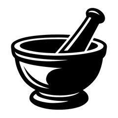 Classic black and white vector illustration of a traditional mortar and pestle set, perfect for grinding herbs, spices, and preparing natural remedies in culinary, pharmaceutical, laboratory