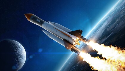 Rocket soars through space, twin engines blasting brilliant flames against the backdrop of a blue planet and moon
