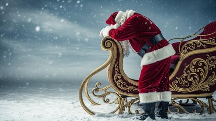 Santa Claus resting on sleigh in snowy winter landscape, capturing festive holiday spirit