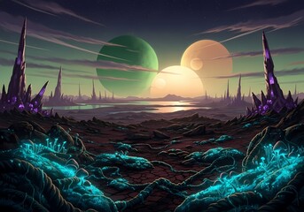 Alien landscape with glowing blue vegetation, jagged purple spires, and multiple colorful planets in the sky