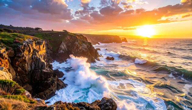 Rocky coastline with crashing waves and vibrant sunset over the ocean - Powered by Adobe