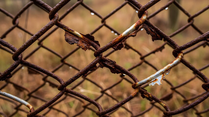 Fototapeta premium Close up of a rusty chain link fence with water droplets and blurred background in outdoor setting
