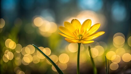 Closeup of a vibrant yellow lesser celandine flower blooming in a sunny meadow with beautiful golden bokeh background light