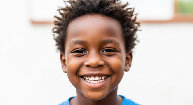 an african young boy with dark rich skin tone, natural lighting, joyful expression, textured hair, high-detail portrait, clean soft background