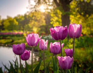 Close-up of vibrant pink tulips bathed in sunlight against a blurry backdrop