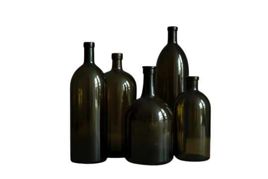 Group of empty glass bottles isolated on transparent background