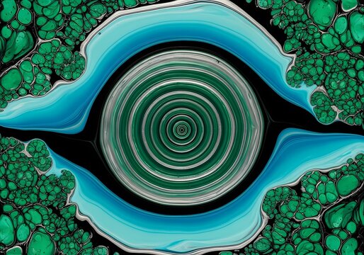 Abstract pattern featuring concentric circles and swirling green and blue organic shapes