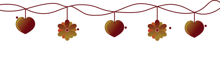 Hanging heart and flower garland vector design. Romantic decorative border with red hearts and gold flowers for love-themed celebration. Vector illustration.