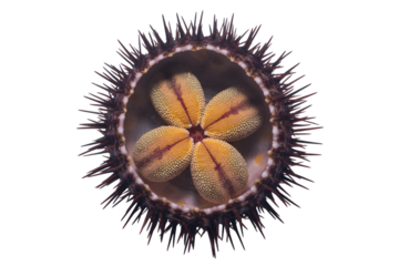 Close up of a sea urchin with orange spines isolated on transparent background