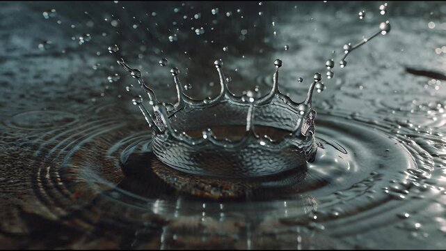  Slow-motion shot of a single drop of water falling into a puddle, creating intricate crown-like splashes and perfectly formed secondary droplets, cinematic lighting