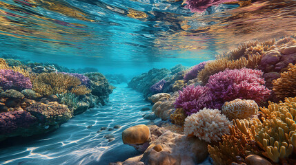 Underwater Colorful Coral Reef Waterway Scene, for Marine Ecology Design, Science Education, Natural Theme Material
