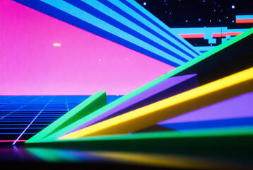 Dynamic retro-inspired neon landscape with diagonal geometric beams and grid elements in vibrant colors.
