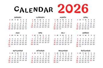 Funny 2026 minimal calendar template. Monthly calendar grid with funky font and week start on Sunday