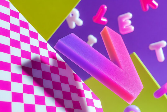 Vibrant neon arrow and floating letters set against a geometric checkered and color-blocked backdrop.
 - Powered by Adobe