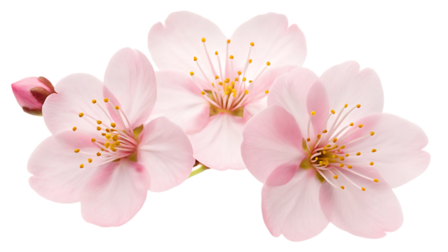 Three delicate light pink cherry blossom flowers with visible yellow stamen isolated on transparent background for spring design