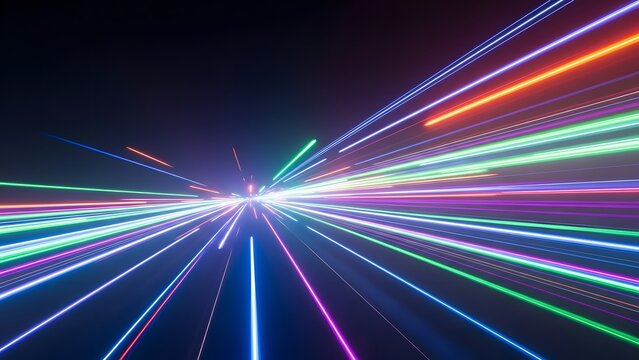 Abstract neon light trails streaking into the distance, depicting speed and digital technology