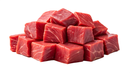 Pile of raw, fresh, bright red beef cubes cut for stew or kabob, isolated on transparent background