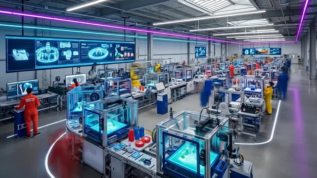 Modern Factory Floor with Advanced Manufacturing and Robotics.