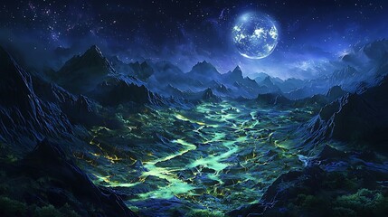 Starry night illuminating surreal alien landscape high resolution picture