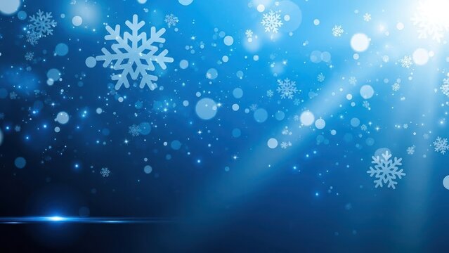 Blue and white snowflakes against a blue background with a white light shining through.