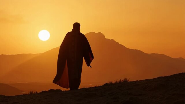 Devout Prophet's Silhouette: Spiritual Journey Towards Mount Arafat in 4K, Religious Pilgrimage, Faith, Hope, and Inspiration for Believers