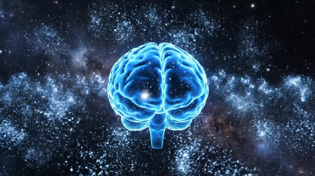 Glowing blue human brain with electrical energy sparks and lightning in outer space background concept for thought