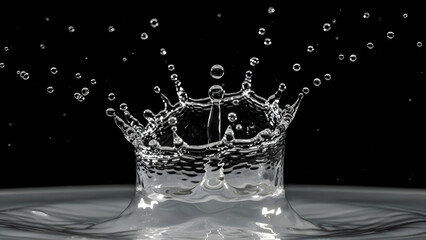 Close up of a water droplet forming a crown shape with smaller droplets on a black background