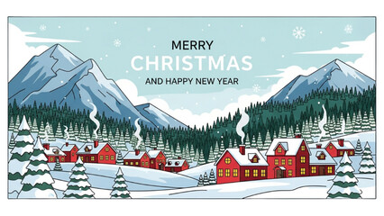 Happy New Year and Merry Christmas Winter Village Scene with Snow and Mountains