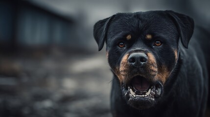 Intense Rottweiler dog with bared teeth and open mouth. showing aggression and alert expression ou