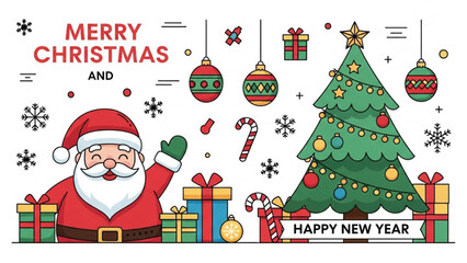 Merry Christmas and Happy New Year festive illustration with Santa Claus and decorated tree