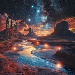 Surreal night sky shining over mesas high resolution picture